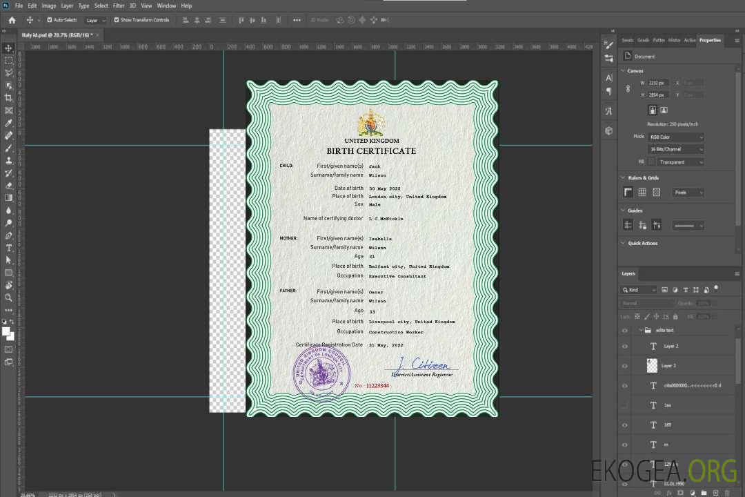 Modèle PSD de certificat de naissance du Royaume-Uni template